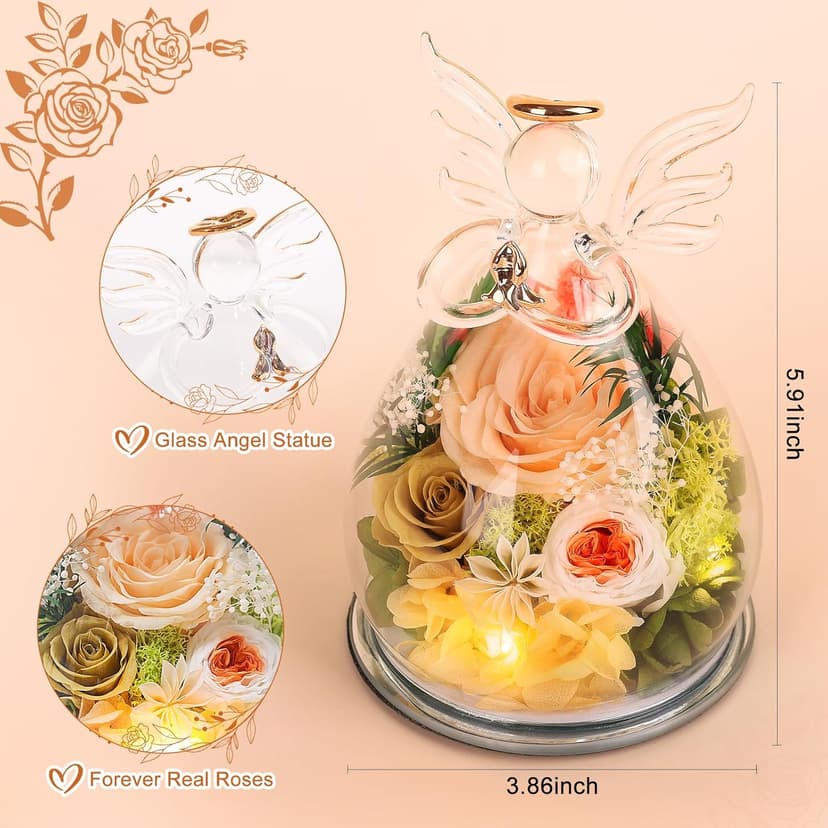 Gifts for Women Birthday Preserved Rose Forever Flower in Glass Angel Figurines Fresh Flowers for Delivery for Mom Real Colorful Roses for Grandma Sister Wife Her from Daughter