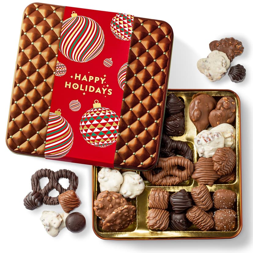 Christmas Chocolate Gift Basket– Holiday Candy Gift Box with Assorted Milk, Dark & White Chocolates – Holiday Food Gift Idea for Men, Women, Family, Corporate- Bonnie & Pop Christmas Style