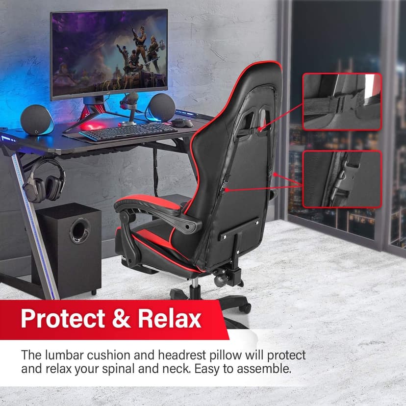 Gaming Chair, Backrest and Seat Height Adjustable Swivel Recliner Racing Office Computer Ergonomic Video Game Chair with Footrest and Lumbar Support, Red/Black