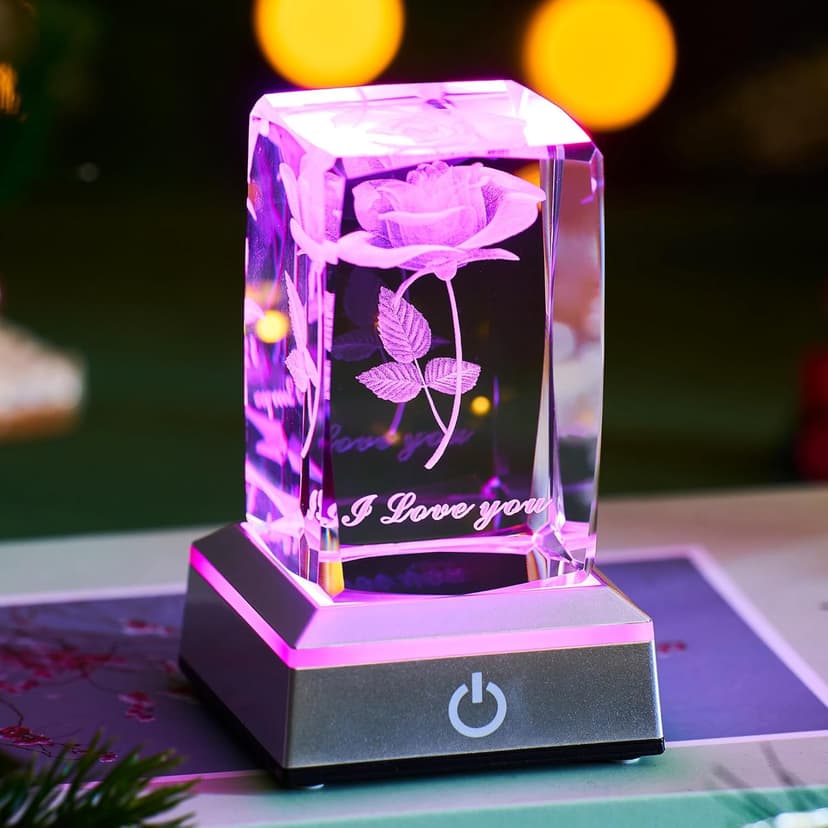 3D Rose Crystal Night Lamp with Adjustable LED Lights - I Love You, Mothers Day Gifts Ideas for Mom Valentines Day, Anniversary, Birthday Gift for Her, Wife, Girlfriend