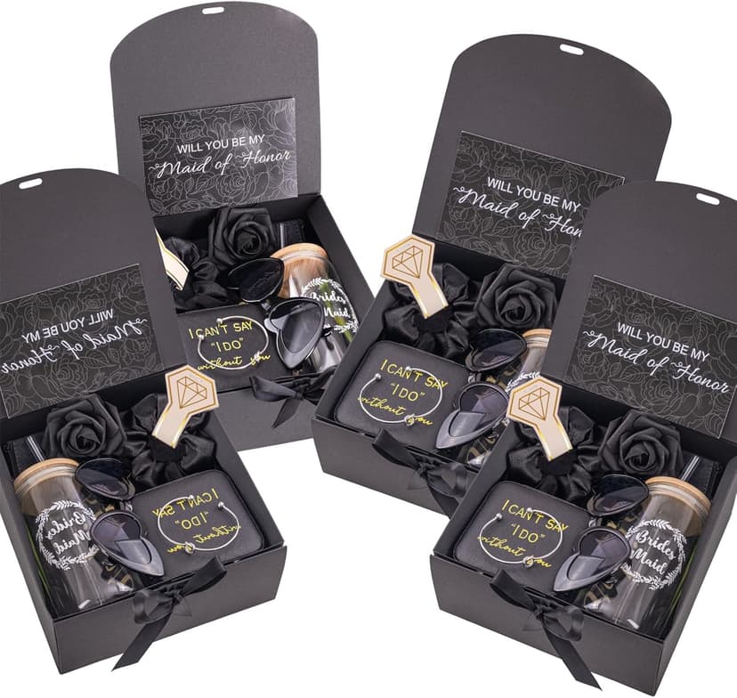 4 Sets Black Bridesmaid Proposal Gifts, Maid of Honor Gift Includes Wedding Gift Box Jewelry Box Makeup Bag Bracelet Foam Flower Invited Card Glasses Cup Hair Tie for Bridal Shower Bachelorette Party
