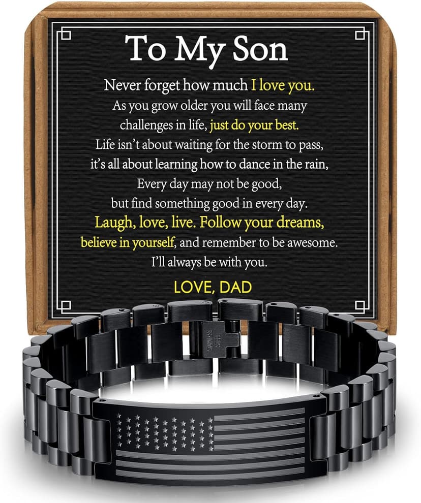 To My Man Boyfriend Husband Son Bracelet Gifts, Stainless Steel American Flag Watch Link Bracelet Valentines Christmas Jewelry Gifts for Men Him
