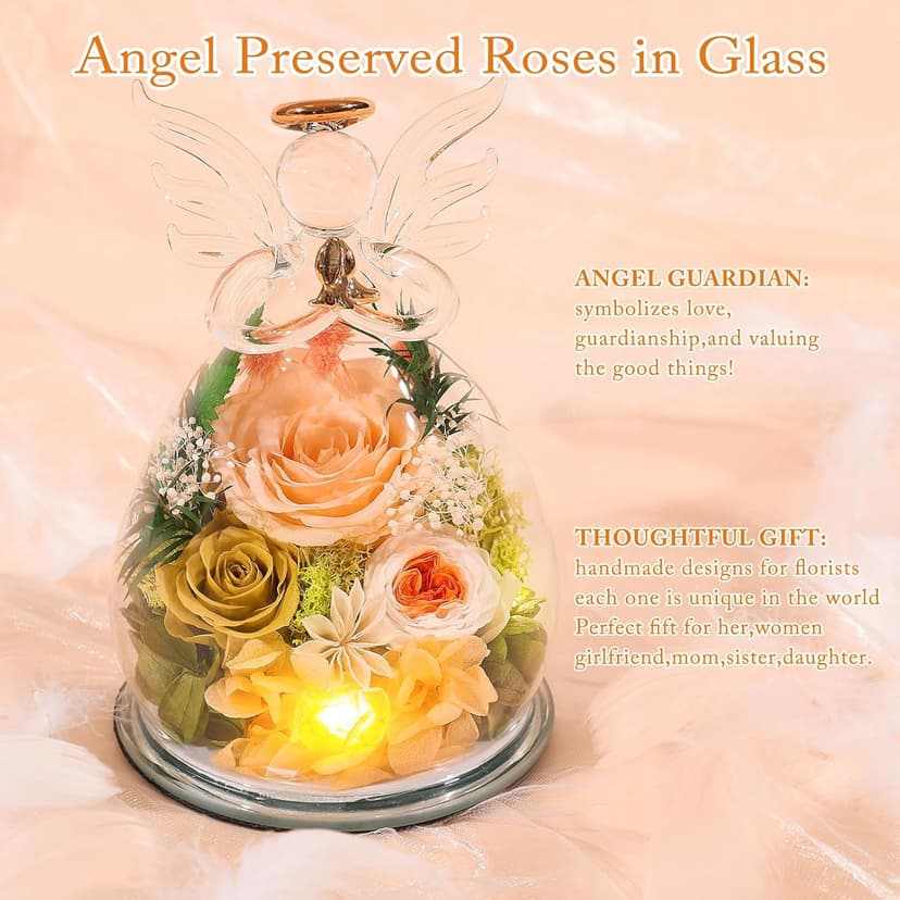 Gifts for Women Birthday Preserved Rose Forever Flower in Glass Angel Figurines Fresh Flowers for Delivery for Mom Real Colorful Roses for Grandma Sister Wife Her from Daughter