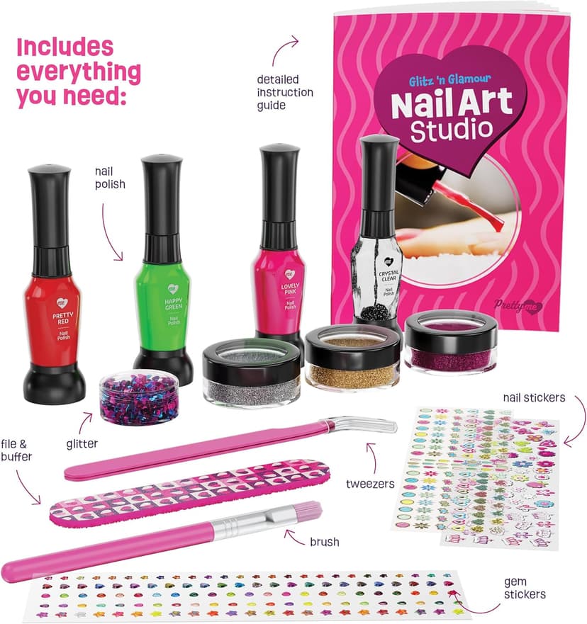 Nail Art Studio for Girls - Birthday Gift - Nail Polish Kit for Kids Ages 7-12 Years Old - Girl Gifts Ideas - Gift Set - Girly Stuff - Polish, Pens, Glitter, Stickers, Gems, Filer - 8 9 10 11 12 Year