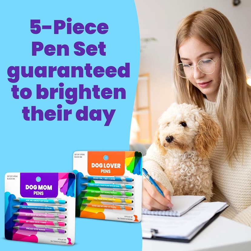 Funny Dog Mom Gift Pen Set – 5 Black Ink Ballpoint Pens with Stylus Tips & Durable Metal Barrels with Hilarious Doggy Quotes – Cute Dog Mom Gift for Women, Fur Mamas, Rescue Lovers, Friends