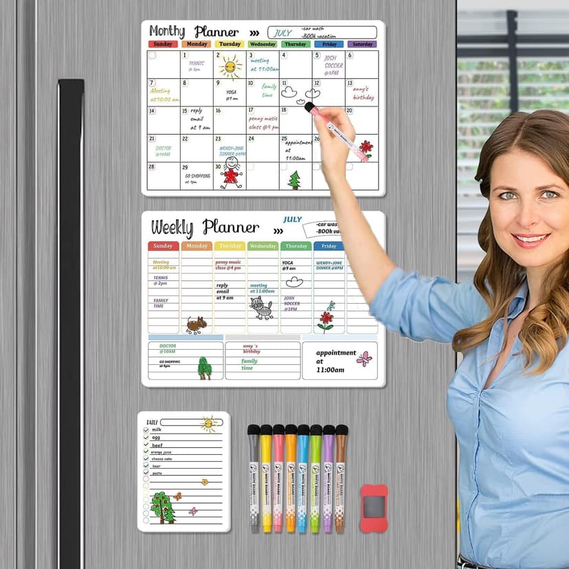 Hivillexun Magnetic Dry Erase Calendar Whiteboard Set (3-Pack) for Fridge, Wall, and Refrigerator Organization – Monthly, Weekly, and Daily Planners with 8 Markers and Eraser