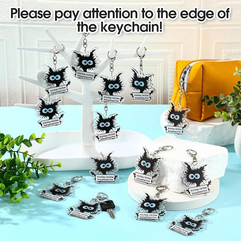 Funny Black Cat Keychains It's Fine Everything's Fine Appreciation Gifts for Cat Lovers Women Coworkers Employees