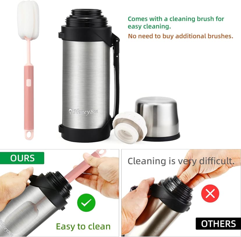 HoneyBee 41 Ounce,Vacuum Insulated Bottle,Coffee Thermos,Thermos for Hot Drinks. Twist and Pour TopThermos & Cleaning Brush. Commute, Travel, and Picnic Friendly Portable.Bpa-Free .（Silver）