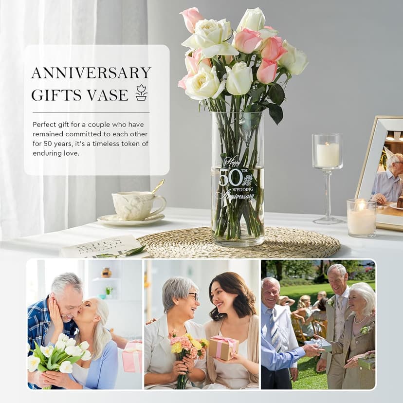 AW BRIDAL 50th Anniversary Wedding Gifts for Couples, 50th Anniversary Decorations for Parents Mom Dad, 50Year Golden Wedding Vase Centerpiece, Friend Sister Birthday Gifts, Flower Vase Home Decor