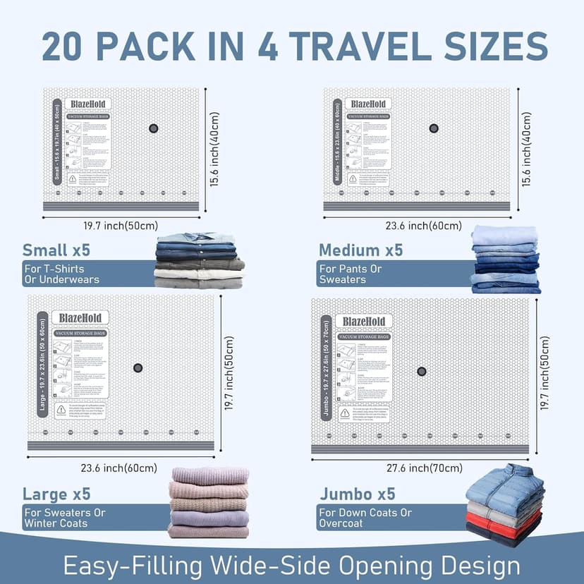 20 Pack Travel Vacuum Storage Bags with Rechargeable Electric Pump, Compression Packing Seal Bag for Luggage and Suitcase, 5 Small + 5 Medium + 5 Large + 5 Jumbo Space Saver Bags for Clothing Travel