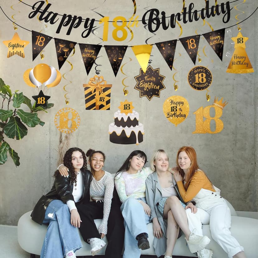 Black & Gold 18th Birthday Banner with 10PCS Swirls - Happy 18th Birthday Decorations for Boys & Girls