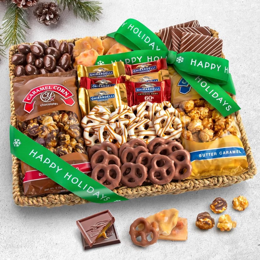 A Gift Inside Happy Holidays Chocolate Caramel and Crunch Grand Gift Basket