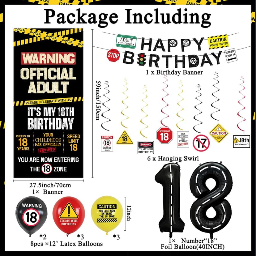 Roetyce 18th Birthday Decorations for Boys Girls, Caution Logos Happy 18th Birthday Banner Backdrop Balloons Hanging Swirls Kit, 18 Years Old Party Yard Door Wall Cover Background