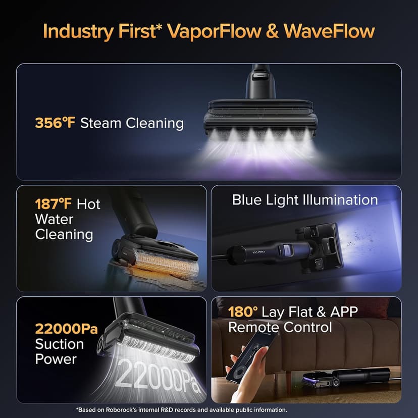 roborock F25 Ultra Steam Wet Dry Vacuum Cleaner, 356°F Steam Mop & 187°F Hot Water Cordless Vacuum Mop All in One, Floor Washer with Blue Light, 194°F Self-Cleaning, 180° Lay-Flat, AI Assitant Wheels