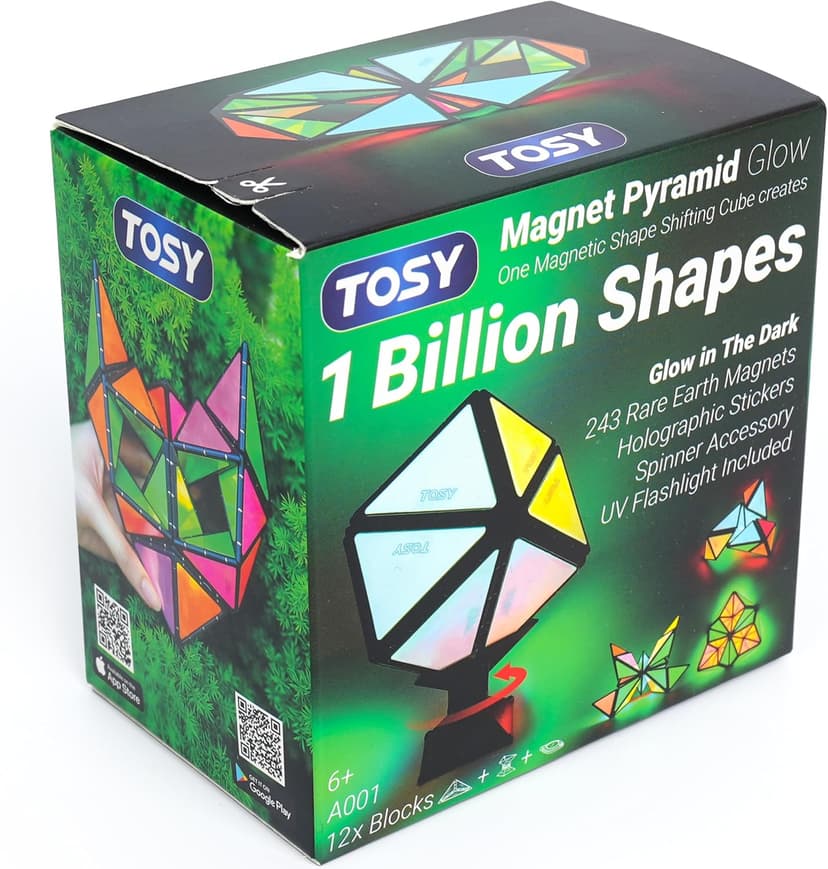 TOSY Magnet Pyramid Glow - 1 Cube Transforms into 1 Billion Shapes, 15 pcs (12 Puzzle pcs & 3 Accessories), 243 Magnets, Glowing, Christmas Stocking Stuffers Gift for Kids, Creative Puzzle STEM Toy