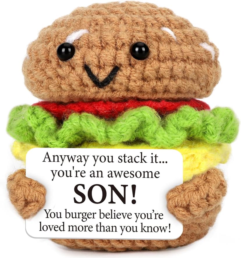 Mini Birthday Gift for Son from Dad Mom Handmade Crochet Burger for New Dad Son-in-Law Adult Sons New Father Christmas Basket Idea from Parents to Sons from Mother Father