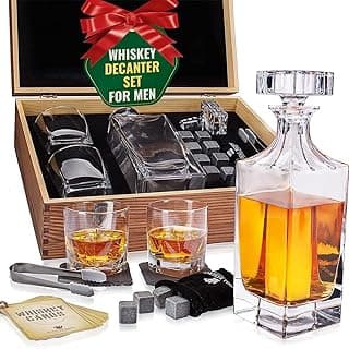 Whiskey Decanter Gift Set by Royal Reserve – Liquor Bourbon Decanter 24 oz 750 ml with Glasses, Chilling Stones, Coasters and Tong – Whiskey Gifts for Men, Husband, Dad, Boyfriend