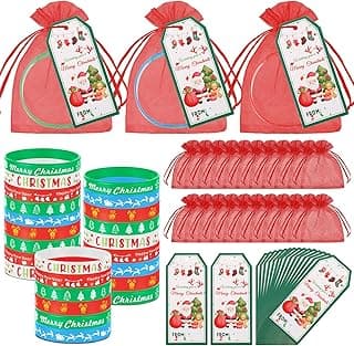 Liliful 72 Pcs Christmas Gifts 24 Set Christmas Students Gifts, Xmas Silicone Wristbands with Gift Label Tags and Organza Bags for Kids Stocking Stuffers Classroom Gift Party Favors(Merry Style)