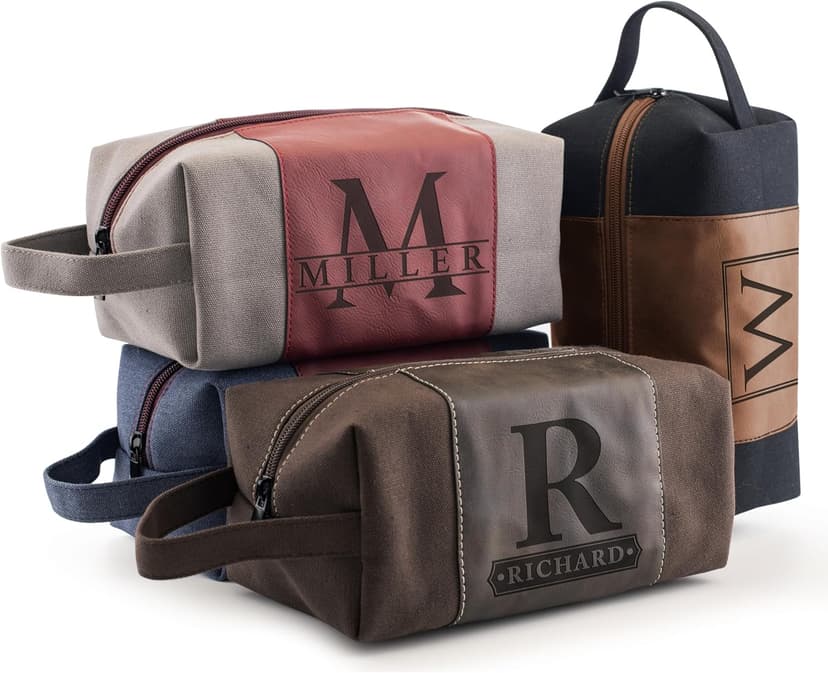 GIFTBYGIFTY Toiletry Bag for Men Personalized, Laser Engraved Initial & Name on Leather, Custom 4 Canvas Colors - Gift for Husband, Dad, Boy Friend, Handcrafted Travel Bag, Waterproof Shaving Dopp Kit