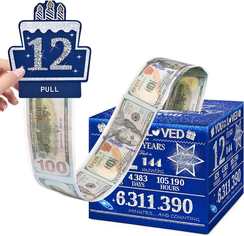 12 Happy Birthday Money Box for Cash Gift, 12th Birthday Decorations for Boys and Girls, Gifts for 12 Year Old Boy, Boy Gift Ideas, Cool Things for Teen -Blue with 100PCS Bags