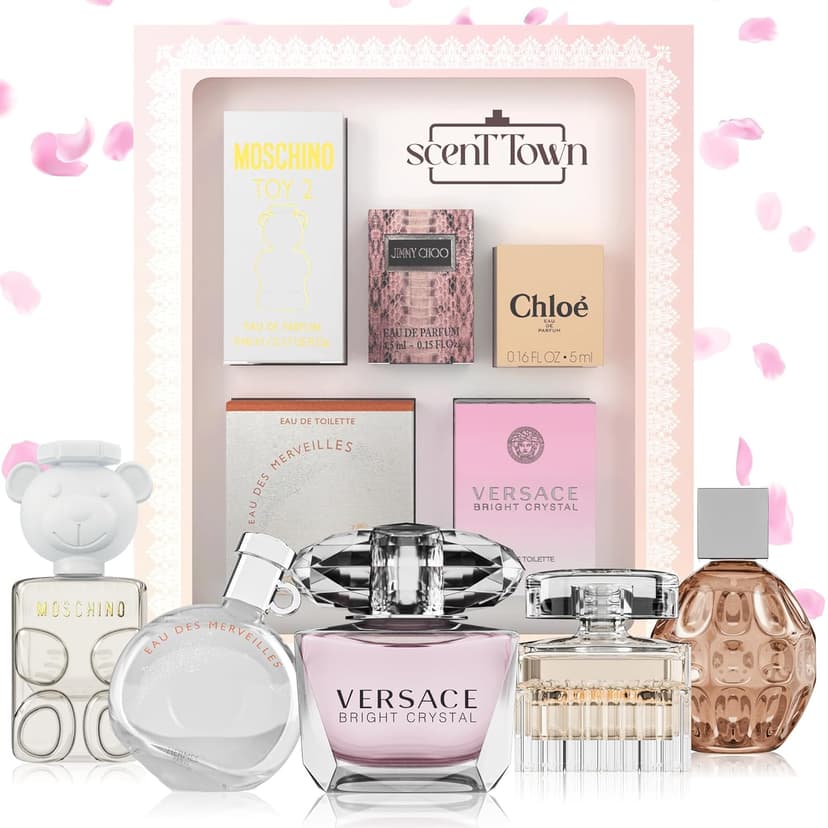Scentown Mini Perfumes for Women (Giftset Bundle of 5) – Designer Perfume Samples for Women Packed in an Elegant Gift Box – Bundle Includes Moschino, Jimmy Choo, Chloé, Hermes & Versace