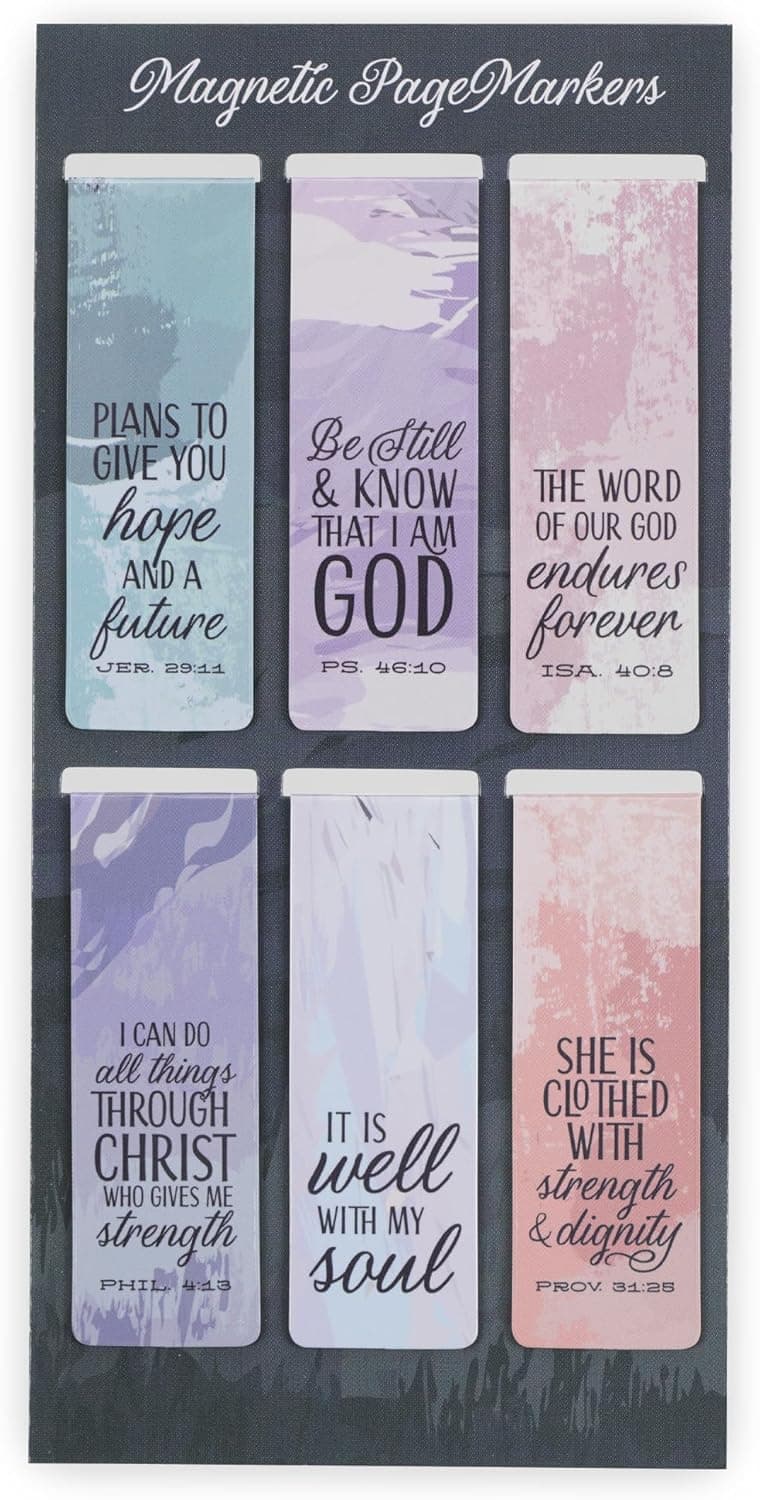 Christian Art Gifts Set of 6 Beloved Scripture Favorites with Abstract Scenic Bookmark Rectangular Folded Magnetic Pastel Design Inspirational Magnetic Bible Verse Bookmark, Size Small 2.3" x 0.8"