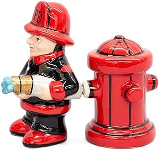 Fireman with Hose and Hydrant 4 Inch Ceramic Magnetic Salt and Pepper Shaker Set Novelty Gift