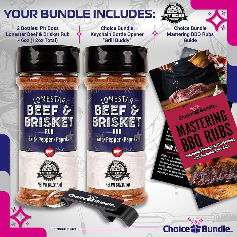Pit Boss Lonestar Beef & Brisket - Texas Style Premium BBQ Barbecue Mixed Seasoning Spice & Rub 2 pk Choice Bundle (12 oz) + Guide & Bottle Opener (4 Items)!