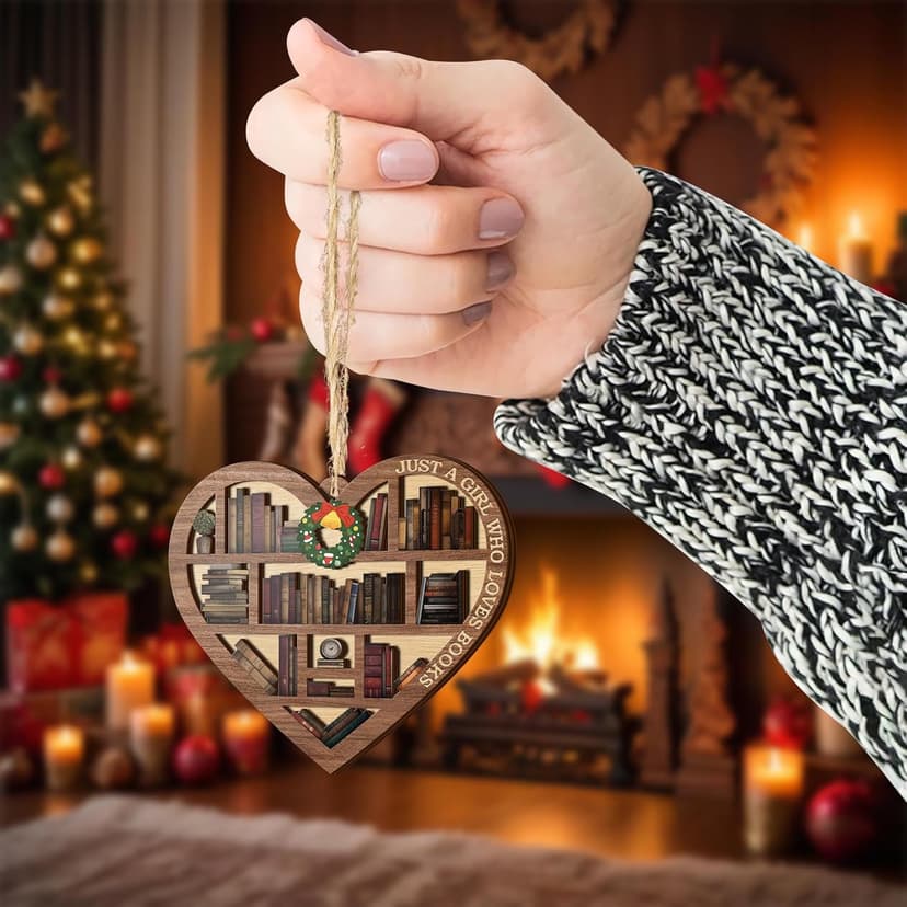 V VIBEPY All Over Printed, Book Lovers Ornaments, Bookshelf Heart Christmas Book Ornament 3.2"x3.5" 2 Layer, Gift for Girl Book Lovers, Gift Idea for Christmas