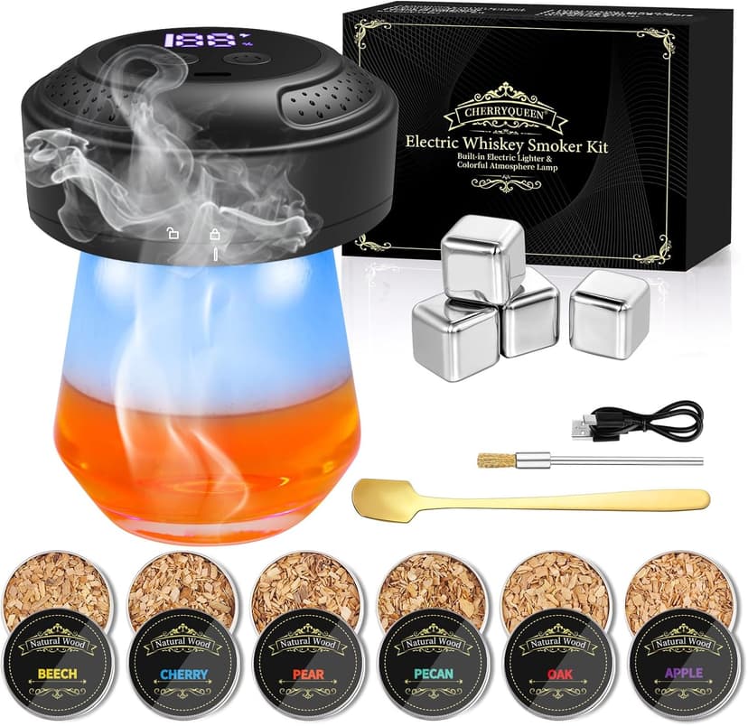 Electric Whiskey Smoker Kit, CHERRYQUEEN Old Fashioned Smoker Kit, Built-in Lighter & Ambient Light, 4 Reusable Ice Cubes 6 Wood Chips, Gifts for Men Dad Husband Whiskey Lovers (Birthday/Christmas)