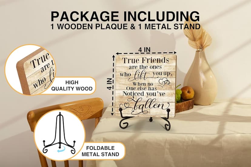 Friendship Quotes Desk Decor Gifts for Women Best Friends, True Friends Are The Ones Who Lift You Up Tabletop Sign, Motivational Wood Plaque With Iron Stand for Home Office Bedroom -16