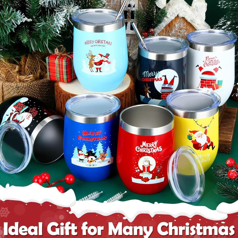 Layhit 7 Set Christmas Gifts Wine Tumbler with Lid Straw and Brush 12oz Insulated Stainless Steel Wine Cup Holiday Thank You Gift for Employee Coworker Operation Christmas(Classic Style)