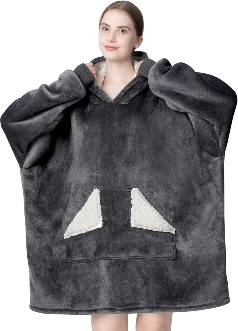Touchat Wearable Blanket Hoodie, Oversized Sherpa Fleece Sweatshirt Blanket with Giant Hood Pocket and Sleeves for Adult, Warm & Cozy Grey Blanket Gifts for Women