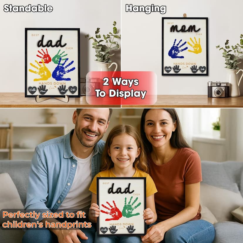 10" Hands Down Best Dad Ever DIY Handprint Kit with Acrylic Paint, Art Craft Family Keepsake Wood Frame Dad Keychain Birthday Father's Day Gift for Daddy, Papa Family Sign with Kids Names HF90-D
