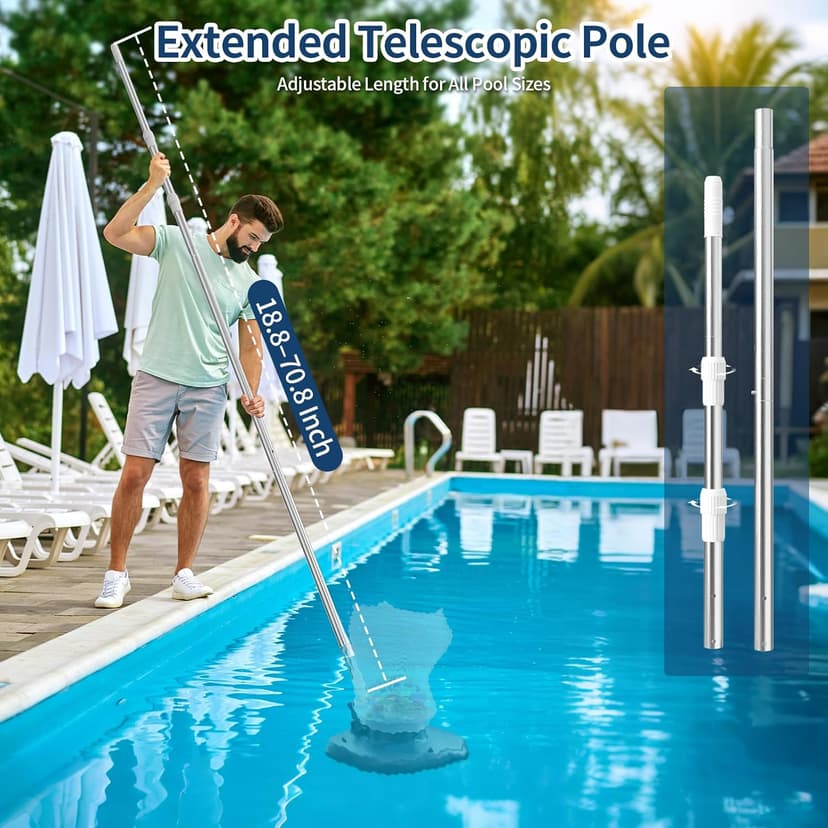 Rechargeable Pool Leaf Vacuum with Telescopic Pole, 83GPM Powerful Suction– Cordless Pool Skimmer for Inground & Above Ground Pools with 6.6Gal Leaf Catcher Bag for Heavy Debris Areas
