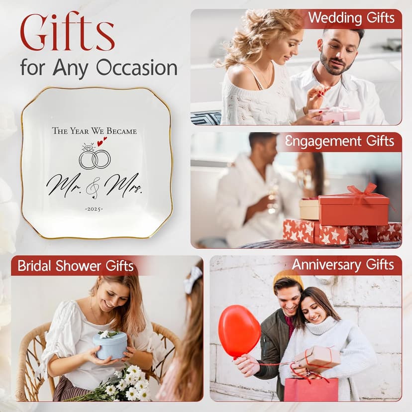 OASSIE Wedding Gifts for Couple 2025 - Mr & Mrs 4"x4" Ceramic Jewelry Dish Tray - Bridal Shower Gifts for Women, Marriage Gift Ideas, Anniversary Engagement Gifts for Couples, Jewelry Holder Dish
