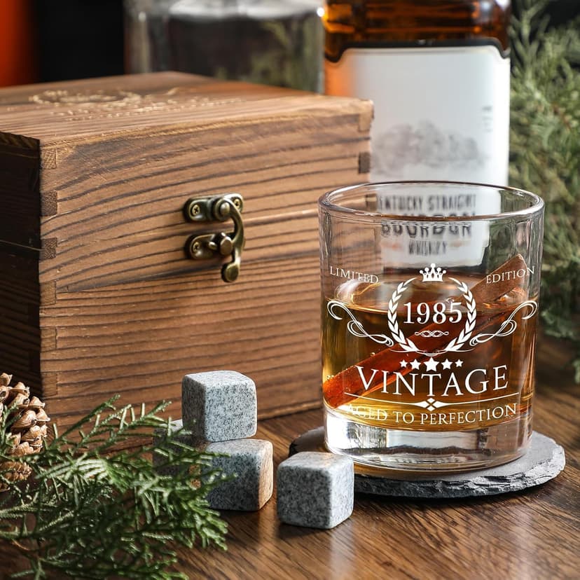 40th Birthday Gifts for Men Whiskey Glass Set - 40th Birthday Decorations, Party Supplies - 40 Year Anniversary, Bday Gifts Ideas for Him, Dad, Husband, Friends - Wood Box & Whiskey Stones & Coaster