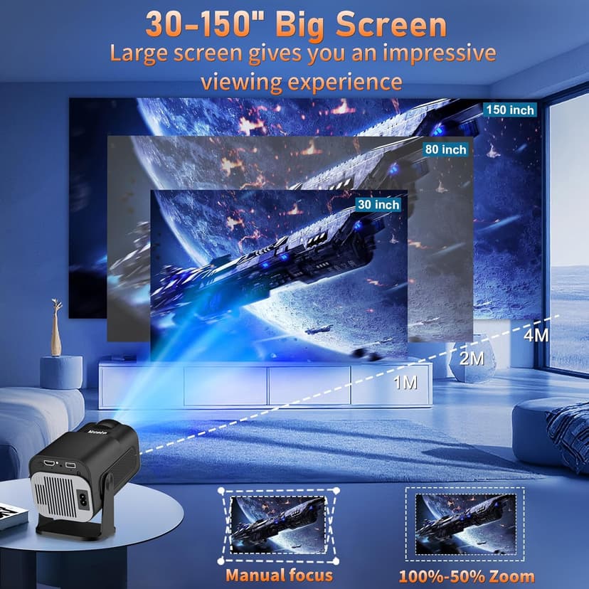 【Built-in Apps】Projector 1080P Full HD, 4K Projector with 270° Rotation,Portable Projector WiFi 6 & Bluetooth 5.2 Support,Featuring Auto Keystone Correction,HDMI/USB Connectivity Projector Black