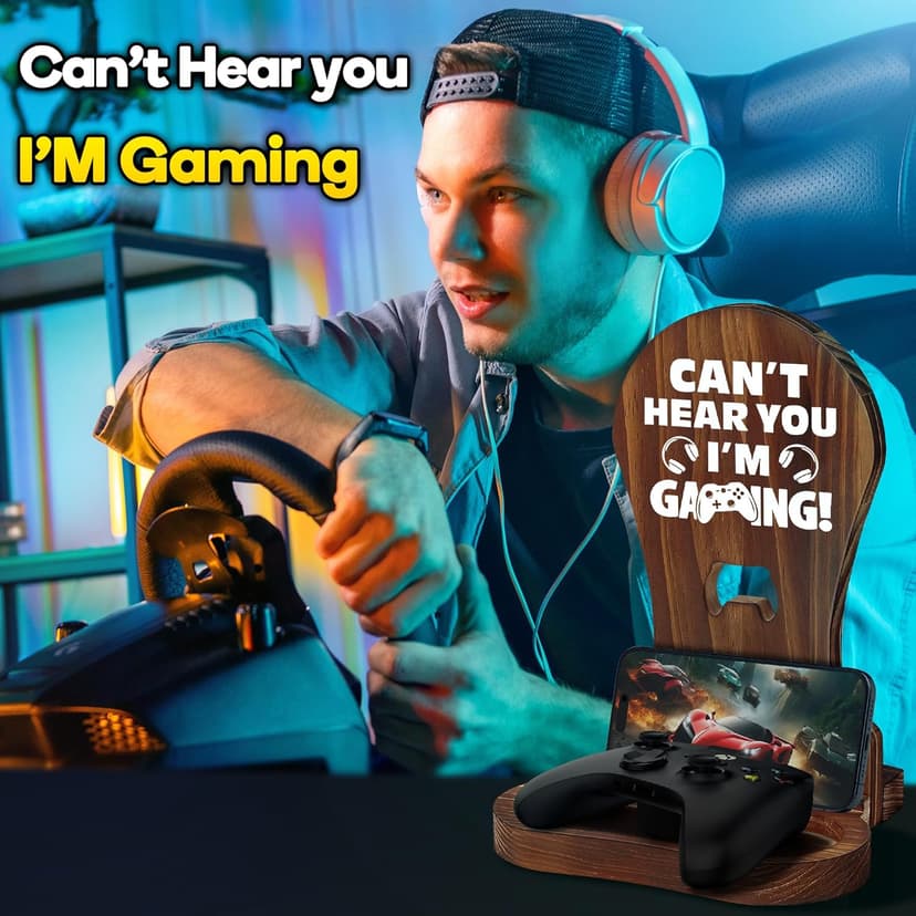 Slothoem-Gamer Gifts for Men Teenage Boy, Gamer Room Decor for Brother, Gaming Gifts for Son, Boyfriend, Husband, Gamer Room Accessories Stuff, Wooden Headset Stand - Can't Hear You I'm Gaming