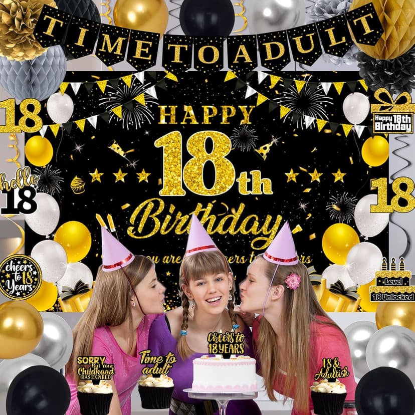 18th Birthday Decorations for Boys Girls, Black Gold Happy 18th Birthday Party Decorations, Time To Adult Birthday Banner, Backdrop, Balloons, Hanging Swirls, BIrthday Cards, Cake Topper, Pompom 52pcs