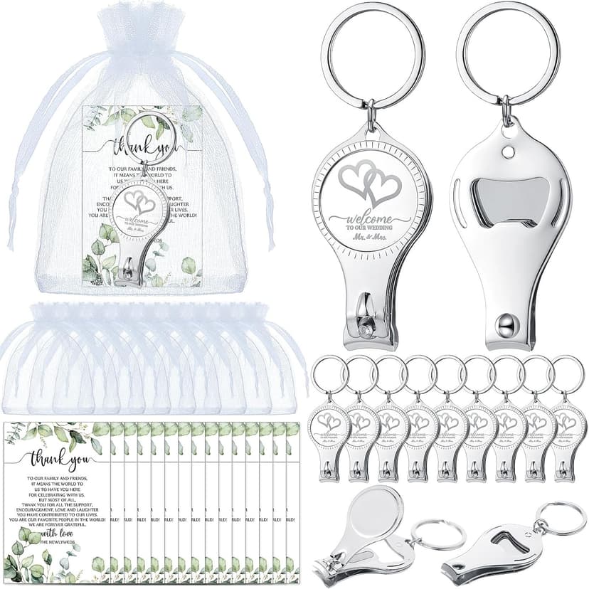 Fulmoon Wedding Multi Function Bottle Opener Nail Clipper Wedding Favors Brewery Cards White Organza Bags for Party Supplies Gift Souvenir Guests Men Women(50 Sets)