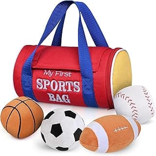KMUYSL Baby Toys 0-12 Months, My First Sports Bag Plush Toy - 4 Sensory Balls Soft Toys with Crinkle, Rattles for 0-3-6-9-12 Month Newborn Infant, 1st Birthday for Babies Boys Girls Age 1