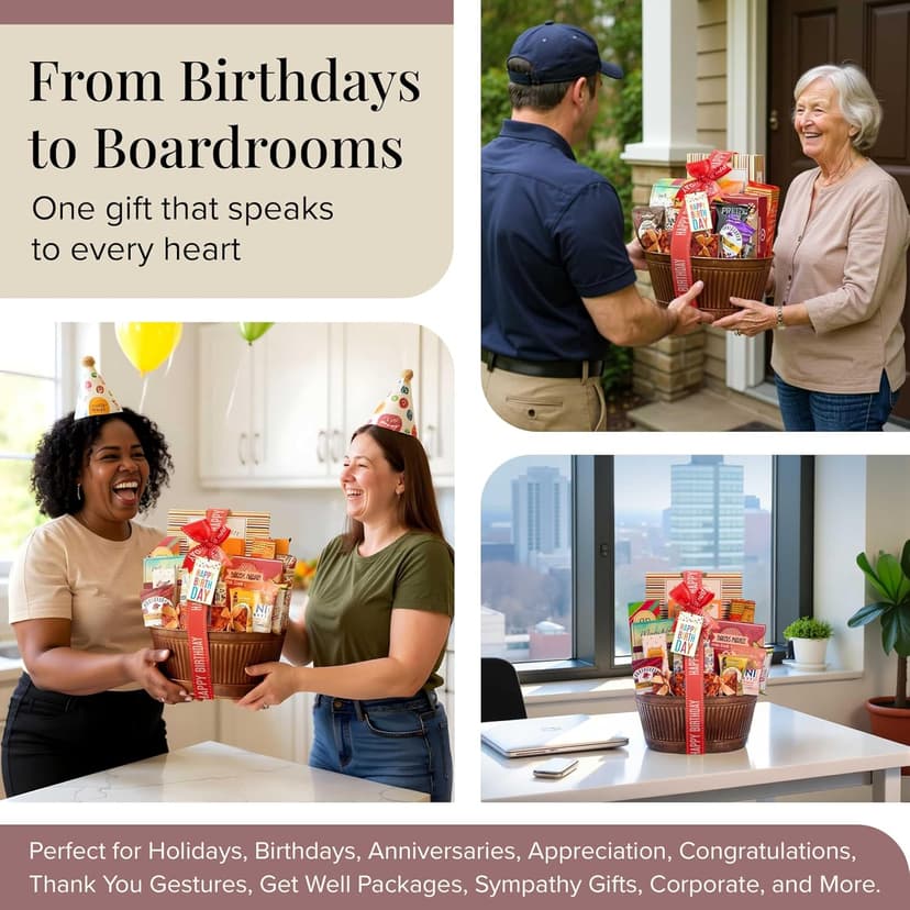 Broadway Basketeers Birthday Gift Basket – Gourmet Snacks & Sweet Treat Box with Cookies, Candy, Chocolates & more - Food Gift Basket for Women, Men & Families - Happy Birthday Surprise Box, Kosher