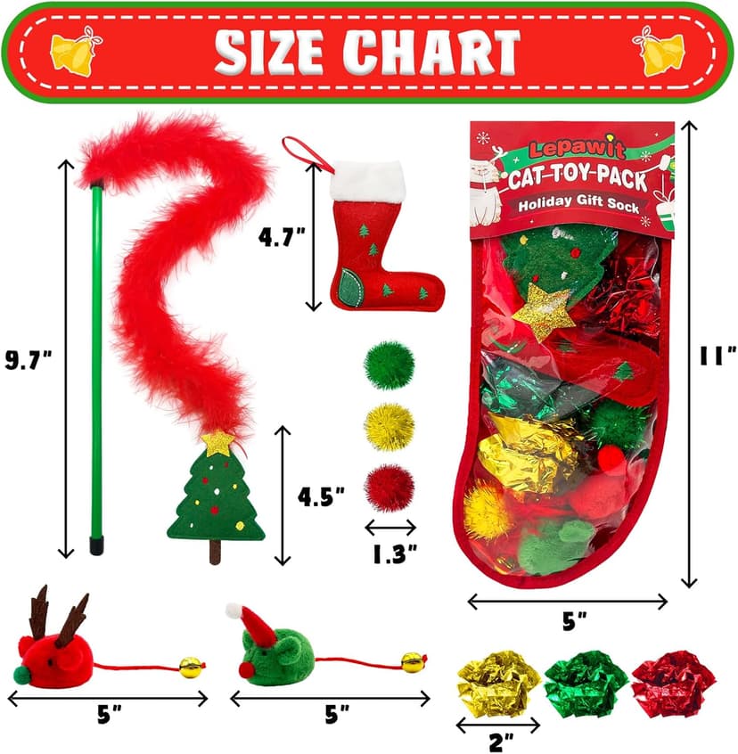 Cat Christmas Stocking, 10 Pack Gifts for Christmas, Interactive Feather Toy with Catnip, Cat Ball Toys, Crinkle Balls, Mice Toys for Indoor Cats & Kitten