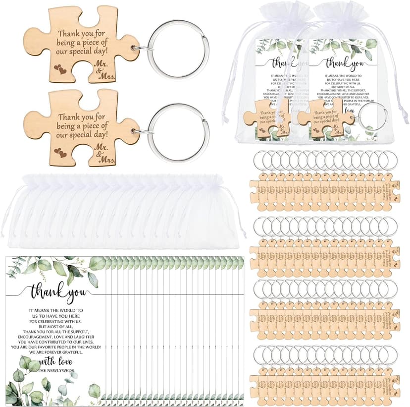 Sintuff 100 Sets Wedding Favors for Guests Rustic Wood Puzzle Keychain Thank You Card Organza Bag Wedding Party Bridal Shower Souvenir