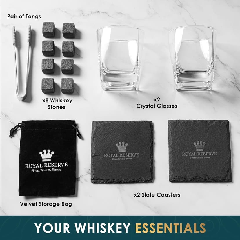 Whiskey Stones Gift Set by Royal Reserve, Artisan Crafted Scotch Bourbon Glasses, Chilling Rocks, Coasters and Tongs – Whiskey Gifts for Men Dad Boyfriend Anniversary or Retirement