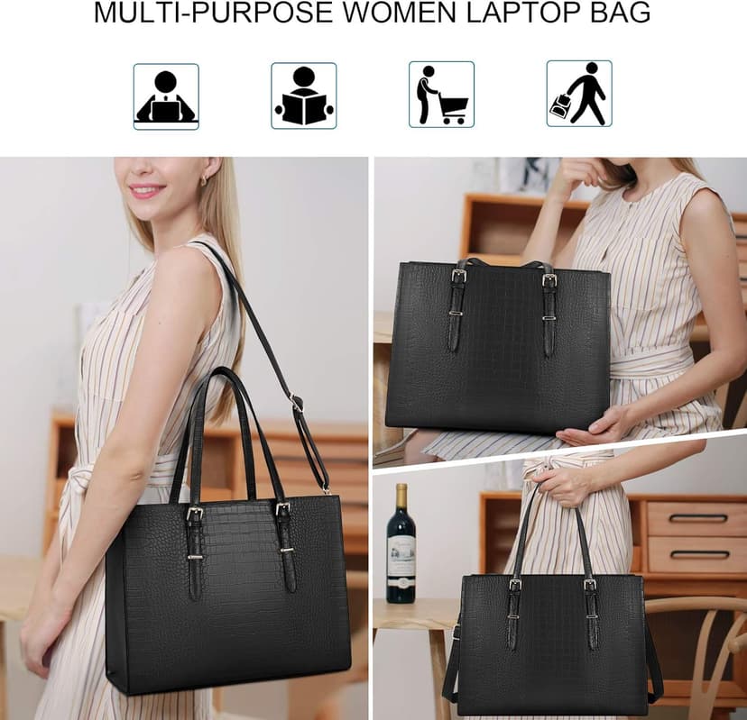 Laptop Bag for Women 15.6 Inch Laptop Tote Bag Leather Classy Computer Briefcase for Work Waterproof Handbag Professional Shoulder Bag Women Business Office Bag Large Capacity Black