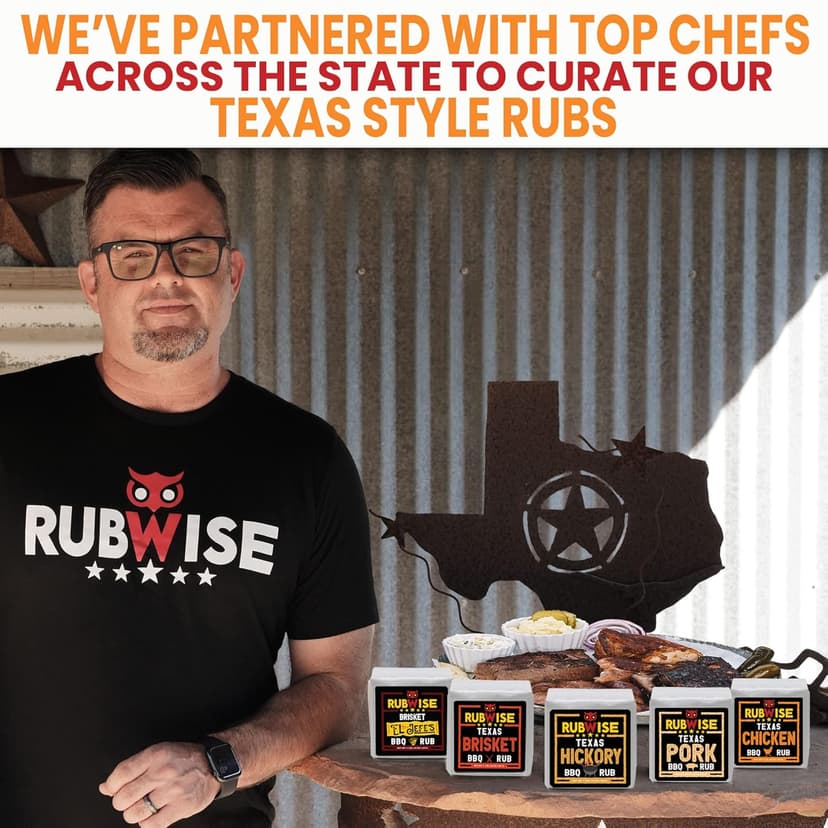 RubWise Texas Style BBQ Rub Gift Set (6 x 1 lb bags) | Meat Spice and Seasoning Variety Pack | Smoking & Grilling Gifts for Men | Brisket Rubs, Chicken, Pork, Hickory, Spicy, El Jefe | Shaker Included