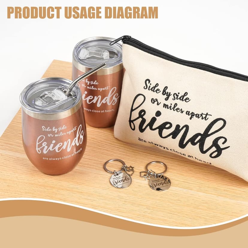 Kolewo4ever 12 Pieces Girl Trip Gifts Favors Bulk Friend Appreciation Gifts Set 4 Friends Wine Tumbler 4 Friends Cosmetic Bag 4 Keychains Appreciation Funny Long Distance Friendship Gift