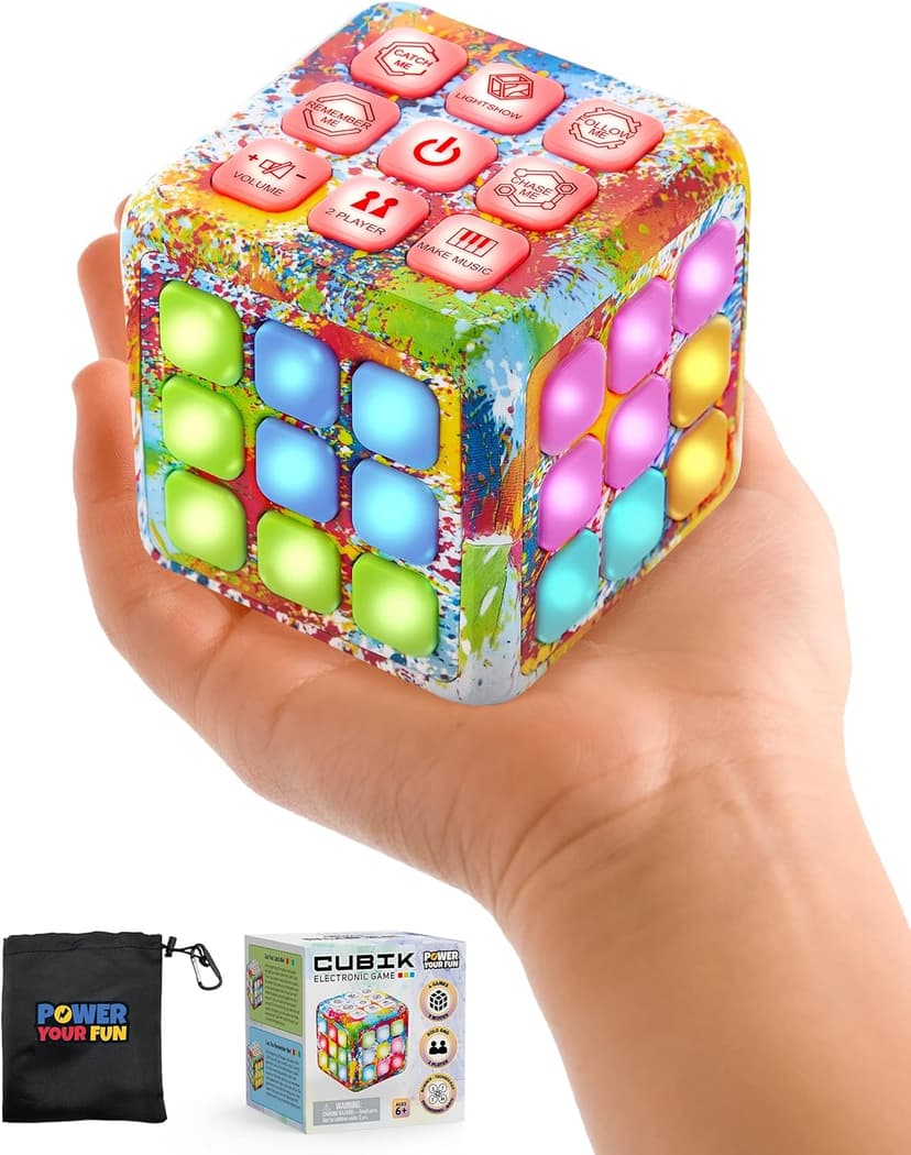 Power Your Fun Cubik LED Flashing Cube Memory Game - Electronic Handheld Game, 5 Brain Memory Games for Kids STEM Sensory Toys Brain Play Puzzle Fidget Light Up Cube Stress Relief Fidget Toy (Tie Dye)